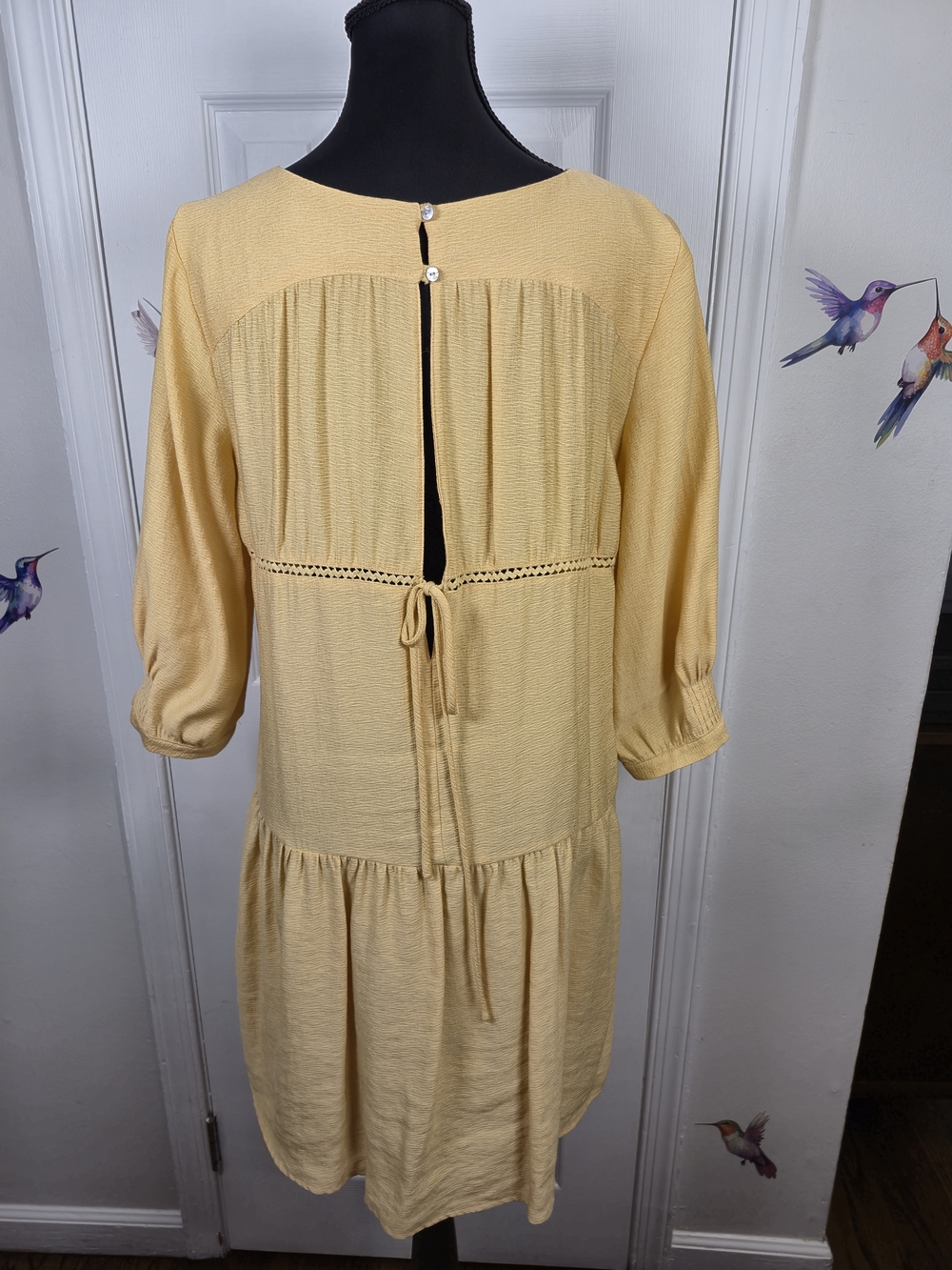 ZARA Mustard Yellow Open Back Tiered Smock Mini Dress Small Crochet Boho Summer - Picture 4 of 5